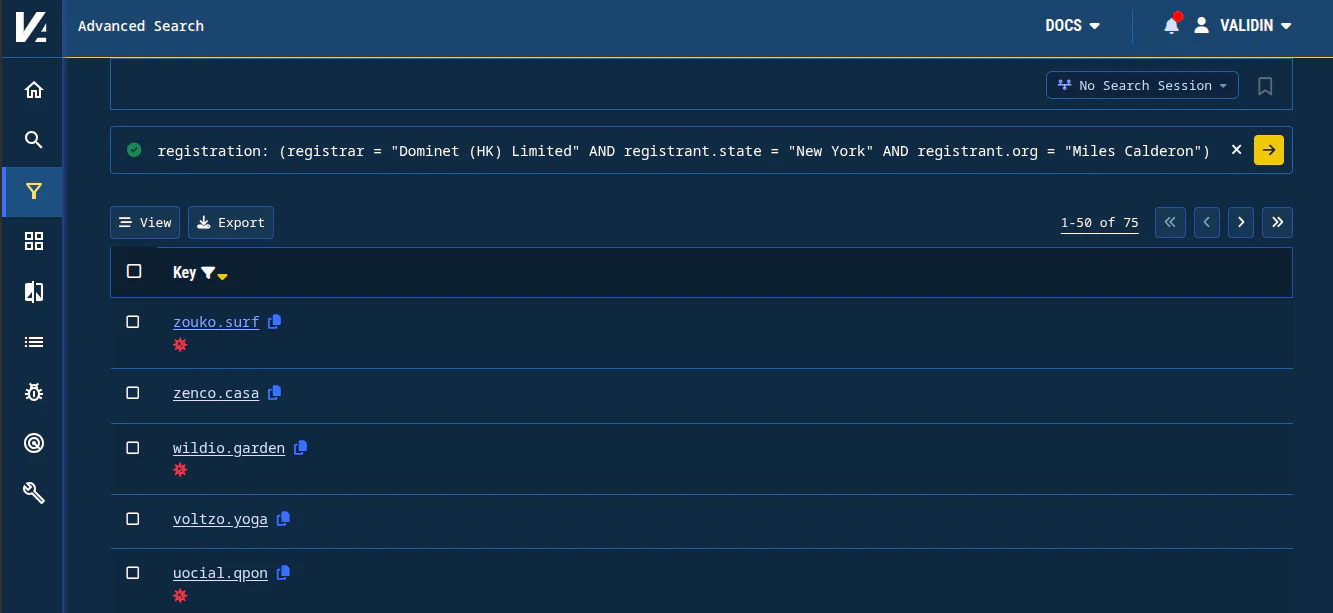 Figure 1. Validin’s query language now supports granular registration filters to enable improved ability to focus searches for domain names. Figure 1. Validin’s query language now supports granular registration filters to enable improved ability to focus searches for domain names.