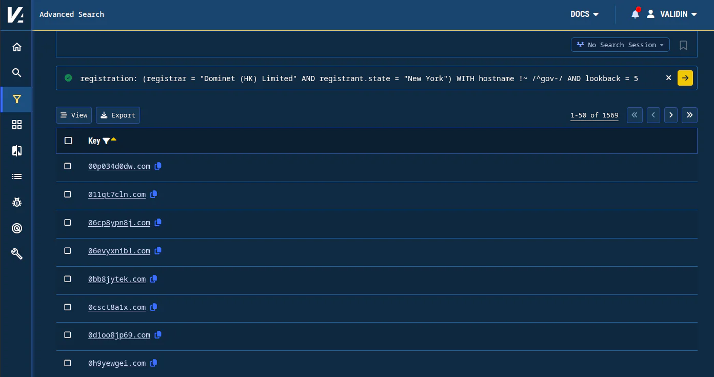 Figure 3. Validin’s Advanced Search query language also supports excluding domains that match a given regular expression using the !~ operator. Figure 3. Validin’s Advanced Search query language also supports excluding domains that match a given regular expression using the !~ operator.