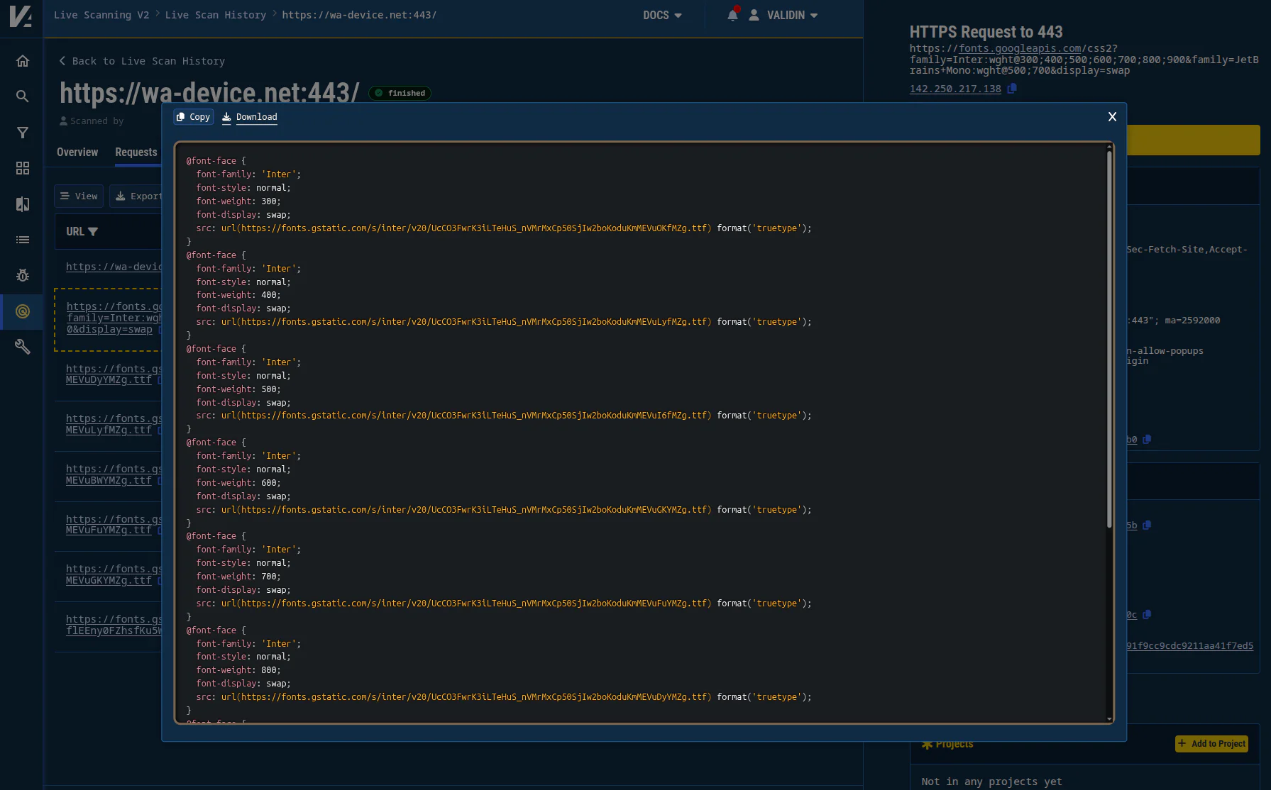Figure 5. Validin’s behavioral live scan captures all artifacts loaded by the page, including those that require JavaScript or loaded from off-host sources. Full artifacts are available for download for local inspection. Figure 5. Validin’s behavioral live scan captures all artifacts loaded by the page, including those that require JavaScript or loaded from off-host sources. Full artifacts are available for download for local inspection.