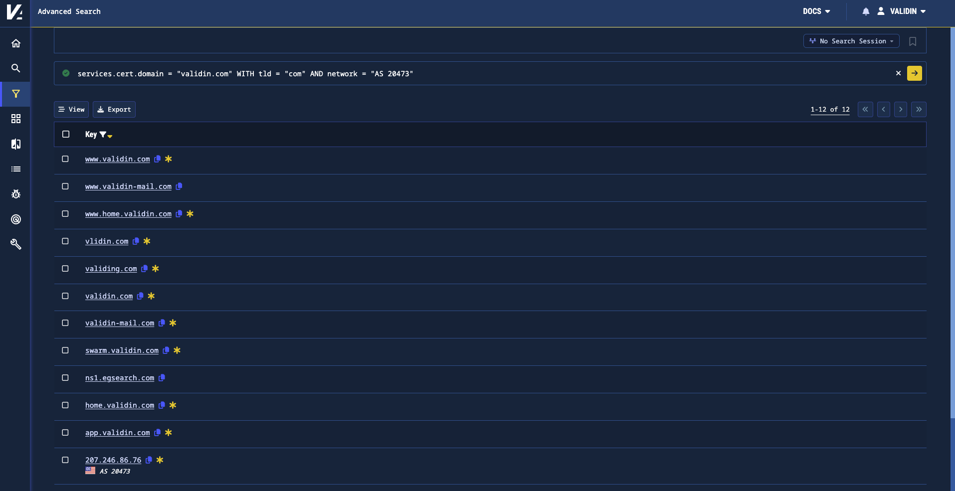 Figure 1. Using the global network and TLD filters to narrow results to hosts serving a validin.com certificate