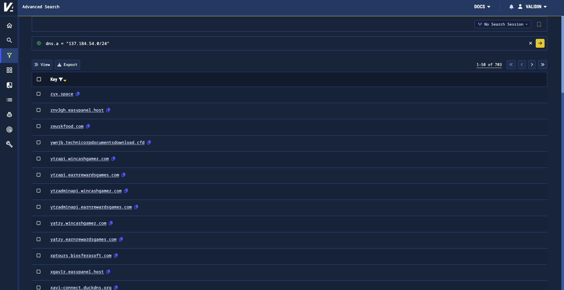 Figure 2. Searching this CIDR in dns.a finds all domains that had an A record in the block during the past 30 days.