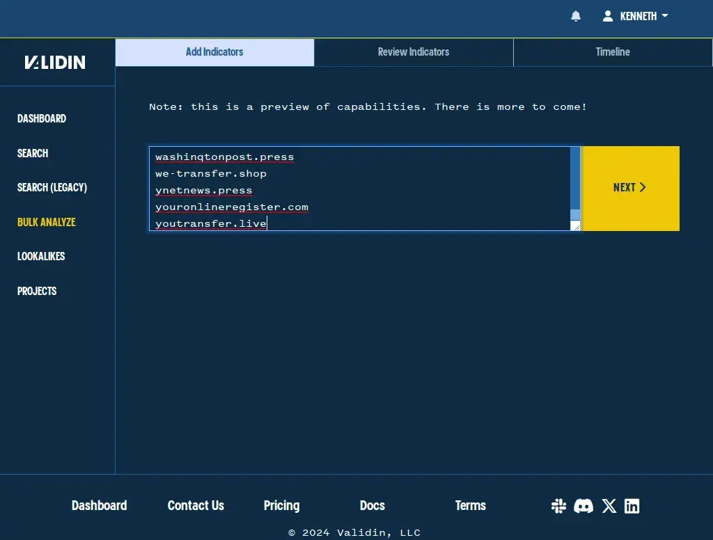 Copying indicators from a threat report into Validin’s bulk analysis textbox.