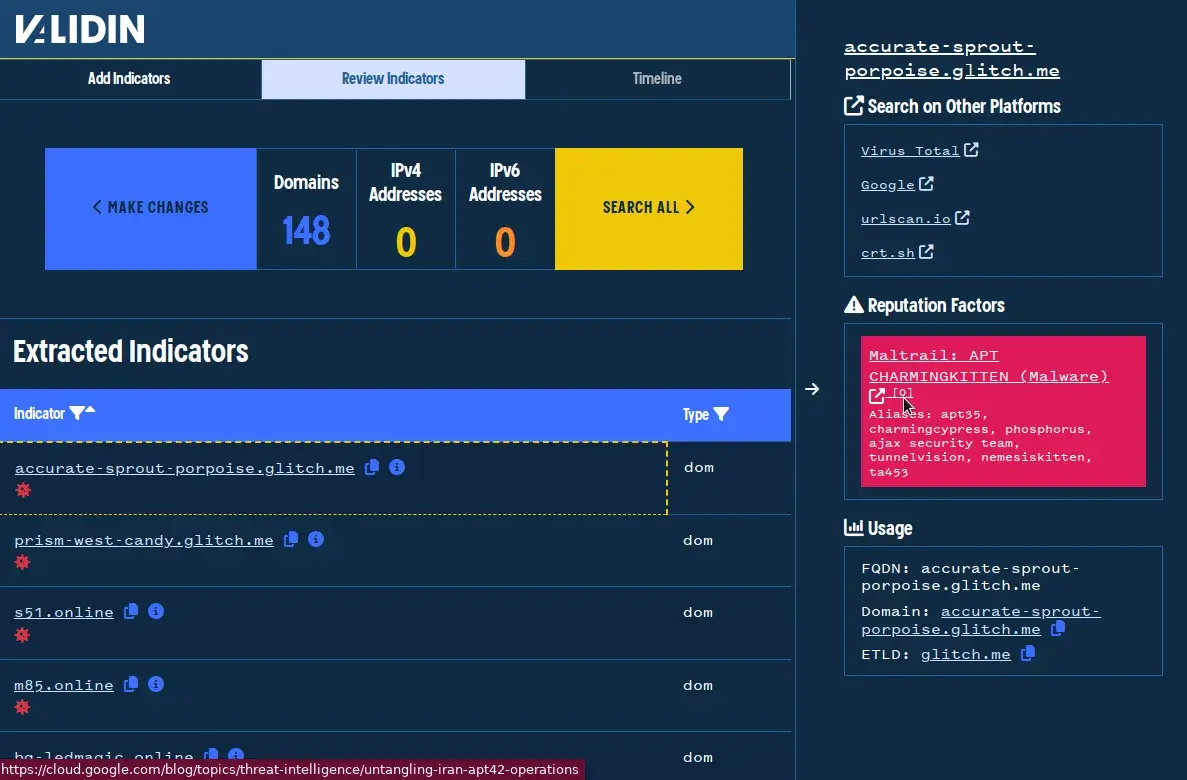 Validin provides direct links to reported threat intelligence sources whenever possible. Validin provides direct links to reported threat intelligence sources whenever possible.