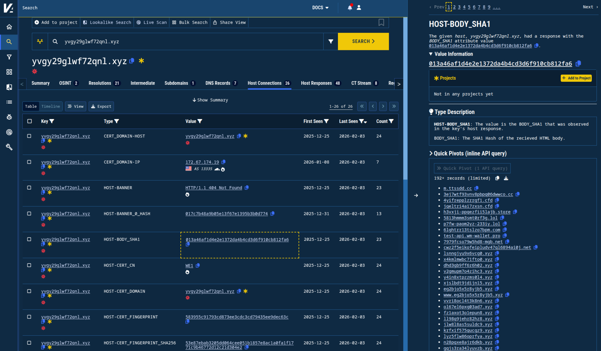 Figure 5. Using Validin’s Quick Pivot to check connections by the response SHA1.
