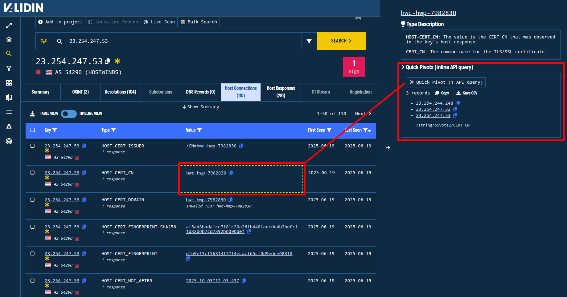 Figure. Clicking the “quick pivot” button makes an API request to pull up to 1000 related domains and IPs so you can quickly chase down pivoting leads without changing pages or opening new tabs. Figure. Clicking the “quick pivot” button makes an API request to pull up to 1000 related domains and IPs so you can quickly chase down pivoting leads without changing pages or opening new tabs.