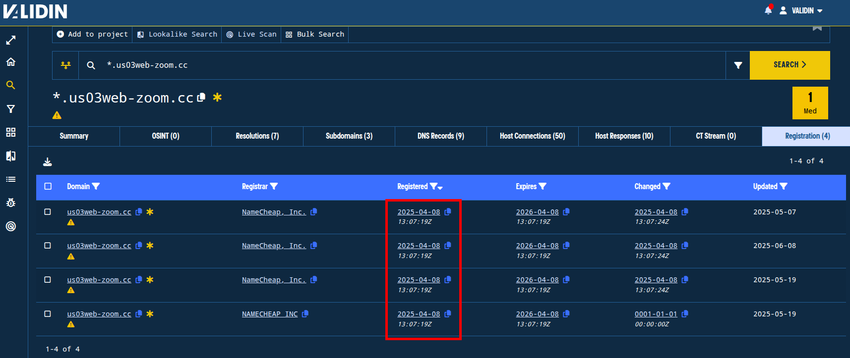 Figure. Clicking on the “registered” date in Validin Enterprise enables you to search for domains registered at the same second as a given domain. Figure. Clicking on the “registered” date in Validin Enterprise enables you to search for domains registered at the same second as a given domain.