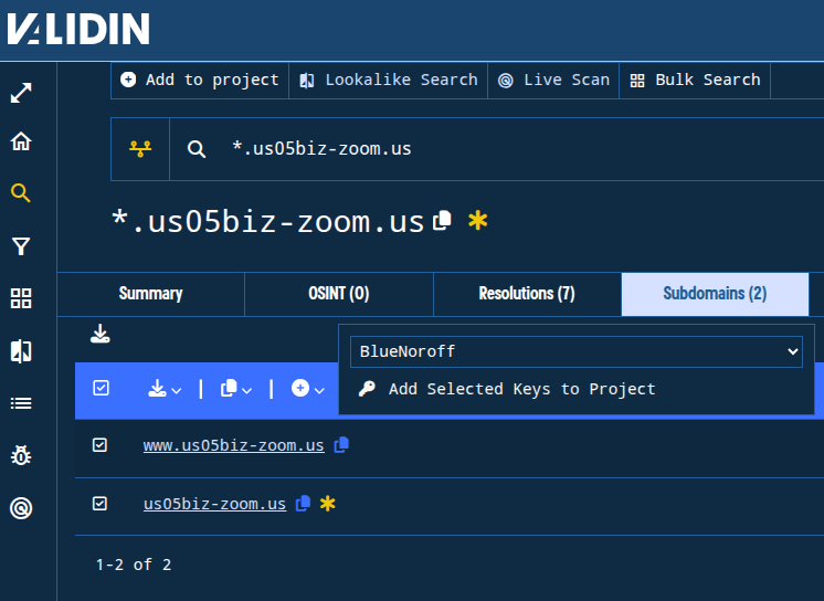 Figure. Adding subdomains for a suspected domain to a project. We repeated this process for the root domains discovered above. Figure. Adding subdomains for a suspected domain to a project. We repeated this process for the root domains discovered above.