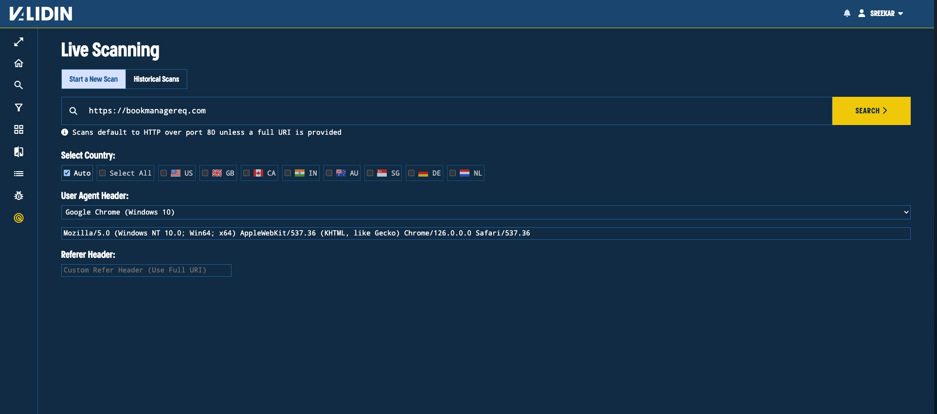 Figure 11. Starting a live scan for the domain bookmanagereq.com