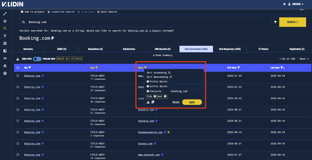 Figure 4. Value Filter to exclude domains that are actually Booking.com domains