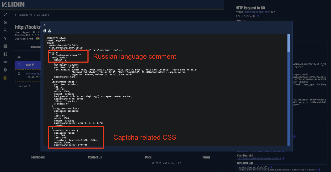 Figure 24. HTML for the domain bobkngsiggn[.]com that shows the same Russian language comment for “Global Styles” and captcha-themed CSS.