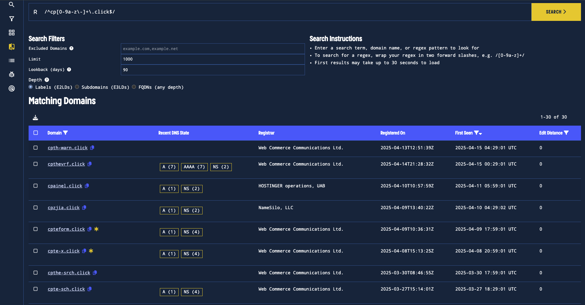 Figure 18. Running a lookalikes search for recently-observed domains finds many domains that are recently registered on Web Commerce Communications.