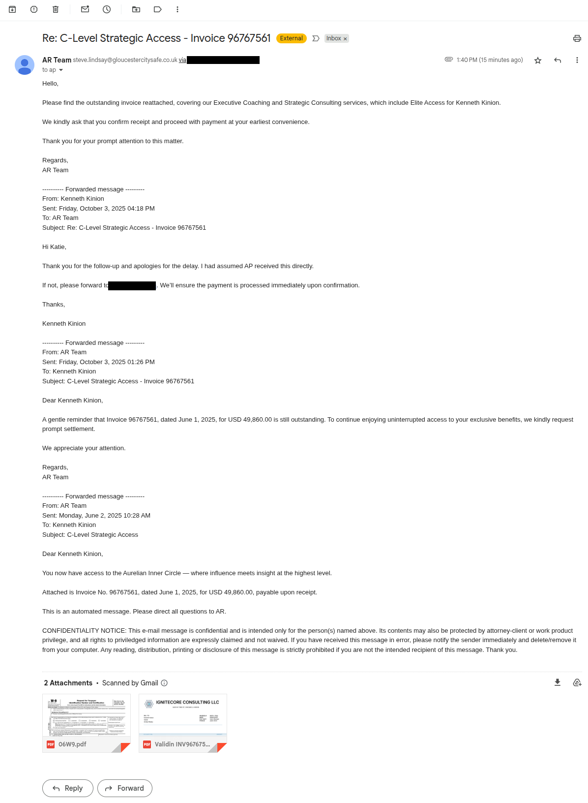Figure 1. Fraud email requesting payment to invoices, complete with an invoice and a W9 attachment. Figure 1. Fraud email requesting payment to invoices, complete with an invoice and a W9 attachment.
