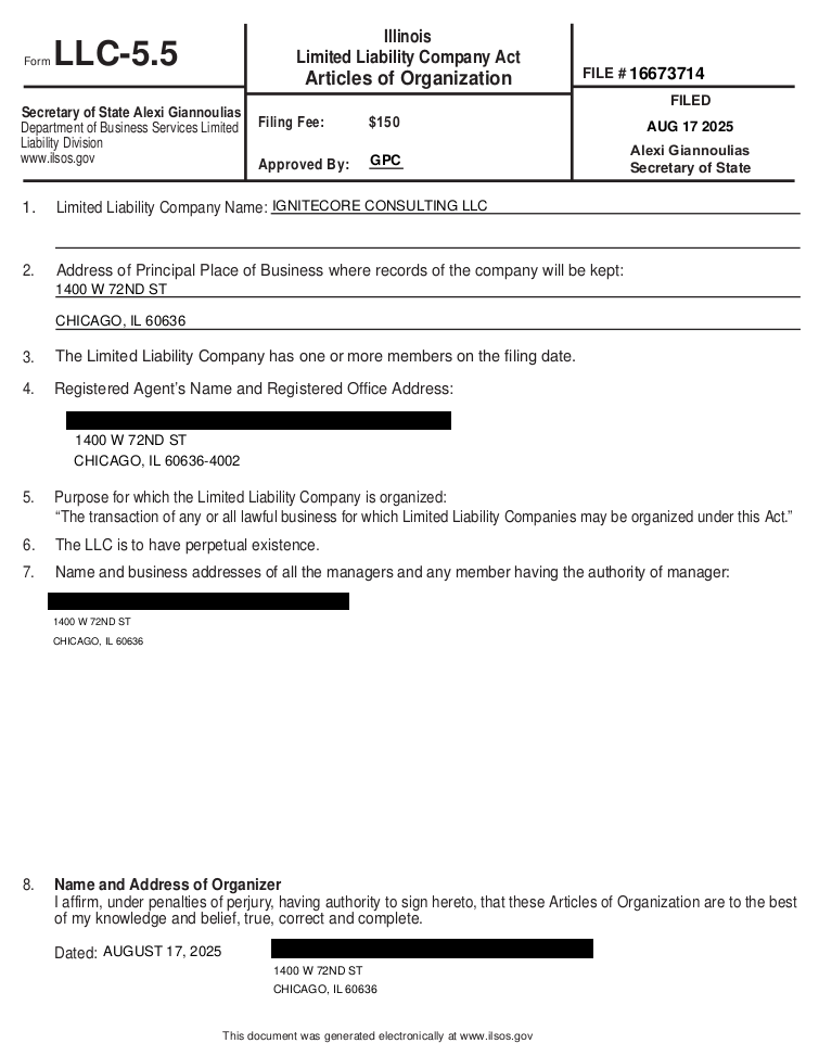 Figure 3. The registration for “IGNITECORE CONSULTING LLC” was less than two months old according to the Illinois Secretary of State website. Figure 3. The registration for “IGNITECORE CONSULTING LLC” was less than two months old according to the Illinois Secretary of State website.