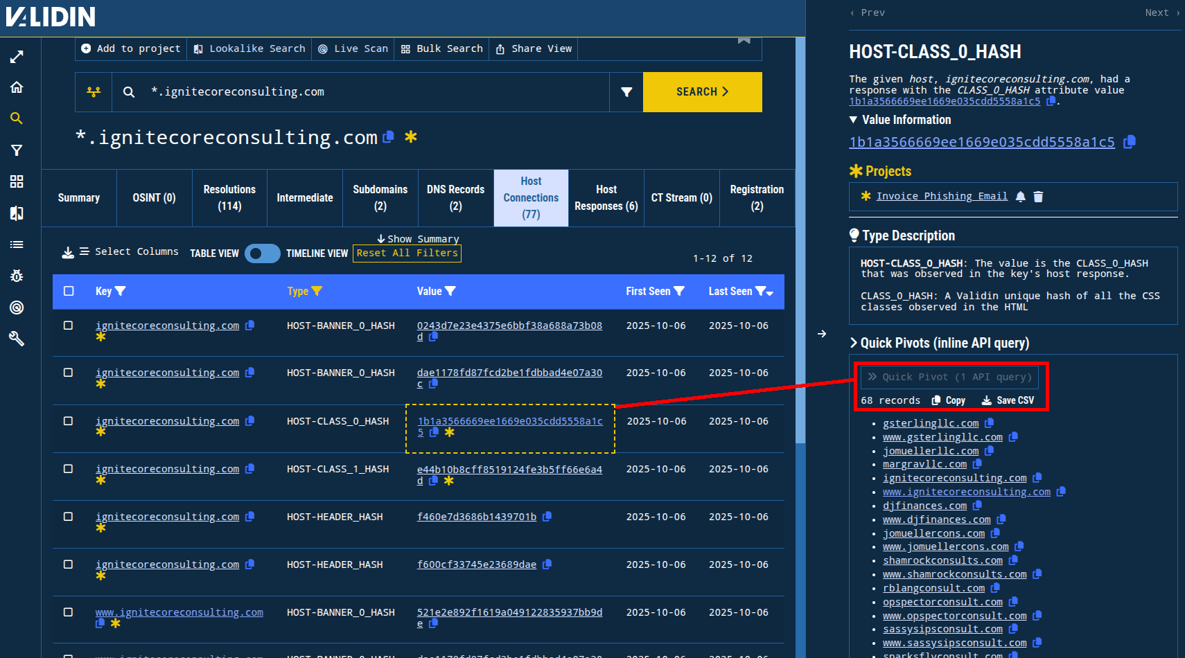 Figure 7. Using the “Quick Pivots” feature to find good pivots for discovering related infrastructure. Figure 7. Using the “Quick Pivots” feature to find good pivots for discovering related infrastructure.