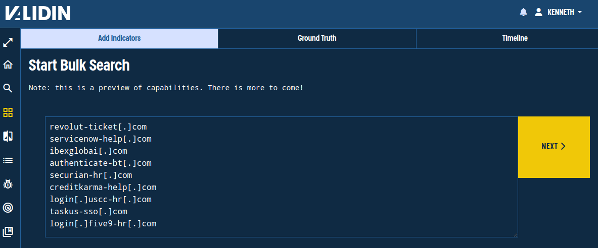 Pasting defanged domains into Validin’s bulk search workflow. Pasting defanged domains into Validin’s bulk search workflow.