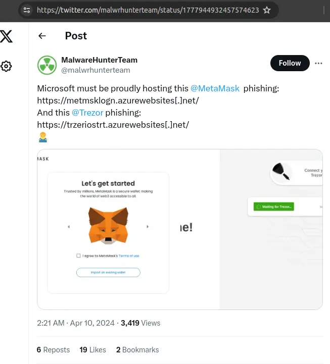 Two crypto-themed phishing pages on azurewebsites[.]net - one targeting MetaMask, the other targeting Trezor.