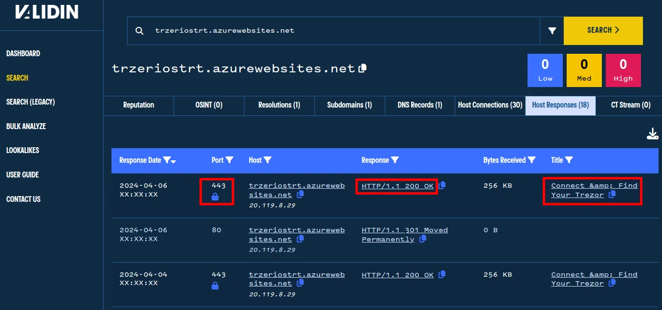 Validin shows that this page was recently active, connected successfully, and had a Trezor wallet-themed title tag. Validin shows that this page was recently active, connected successfully, and had a Trezor wallet-themed title tag.
