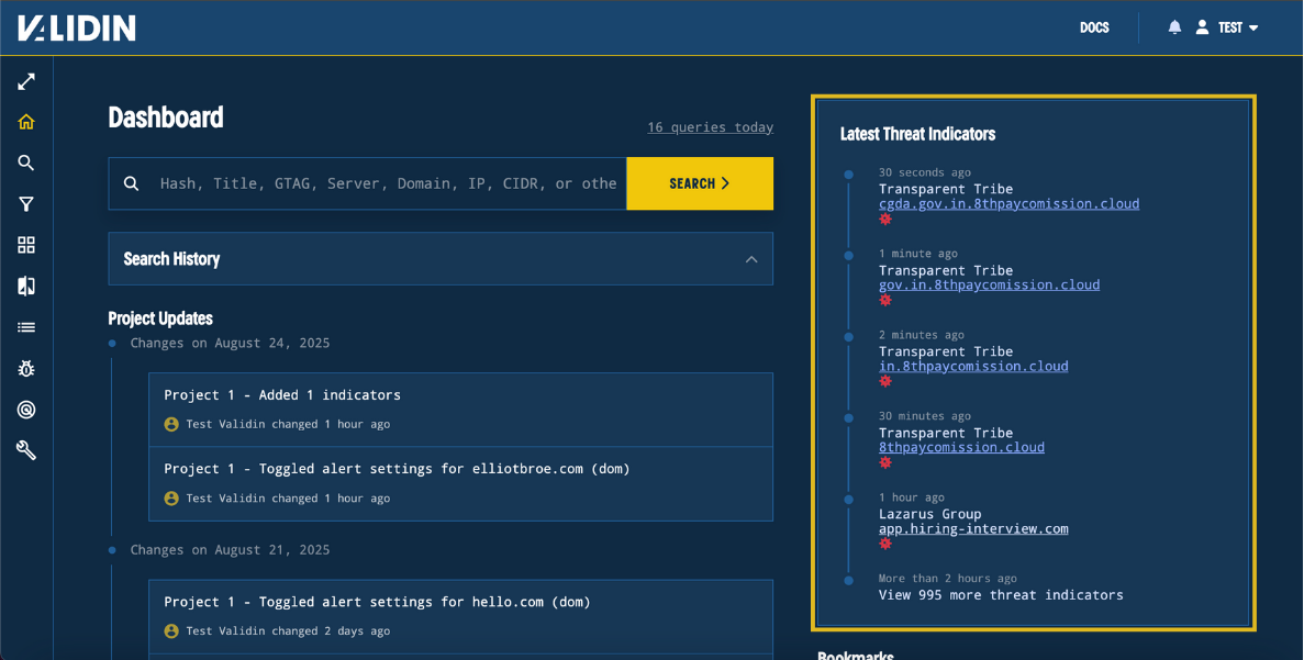 Figure 1. Validin’s dashboard with the new “Latest Threat Indicators” panel highlighted in yellow. Figure 1. Validin’s dashboard with the new “Latest Threat Indicators” panel highlighted in yellow.