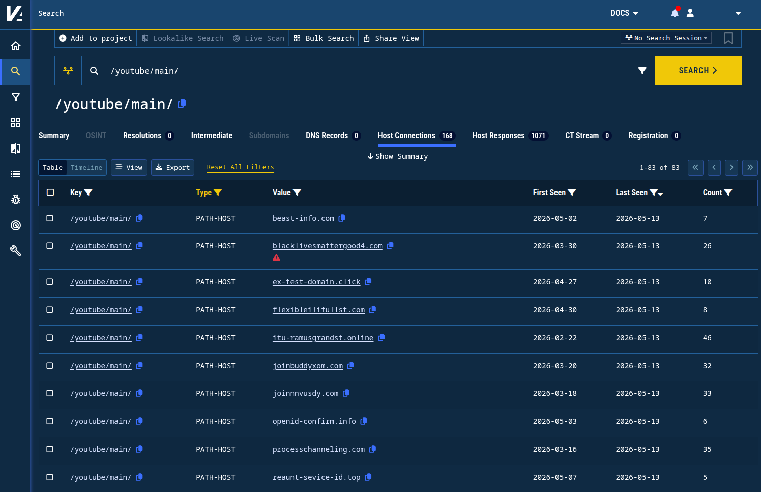 Figure 8. Finding domain names in Validin that share a redirect pattern associated with a credential-harvesting domain name. Figure 8. Finding domain names in Validin that share a redirect pattern associated with a credential-harvesting domain name.