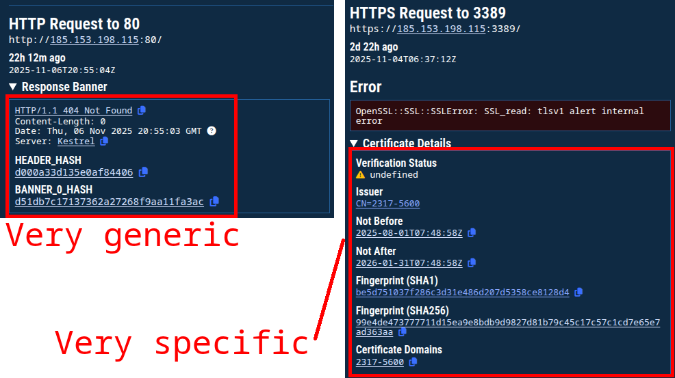 Figure 11. Two recent responses on ports 80 and 443 from an IP observed in the any.run analysis. Figure 11. Two recent responses on ports 80 and 443 from an IP observed in the any.run analysis.