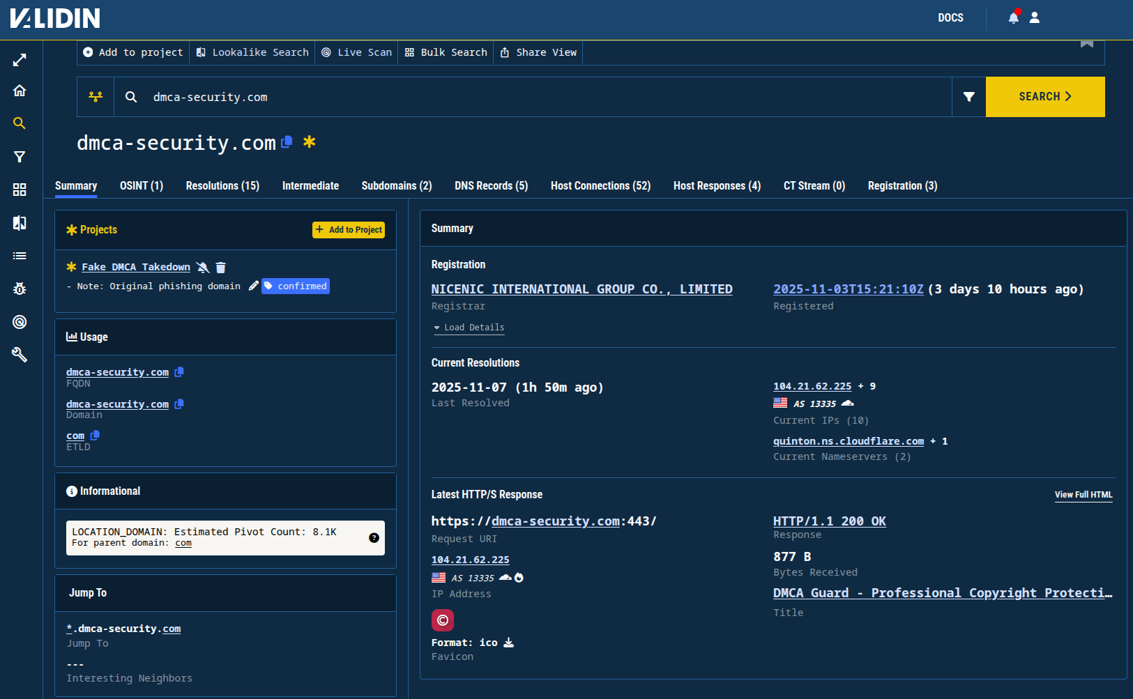 Figure 3. Validin’s summary of the initial phishing domain. Figure 3. Validin’s summary of the initial phishing domain.