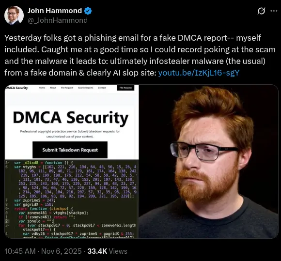 Figure 0. Post on X describing fake DMCA phishing email. Figure 0. Post on X describing fake DMCA phishing email.