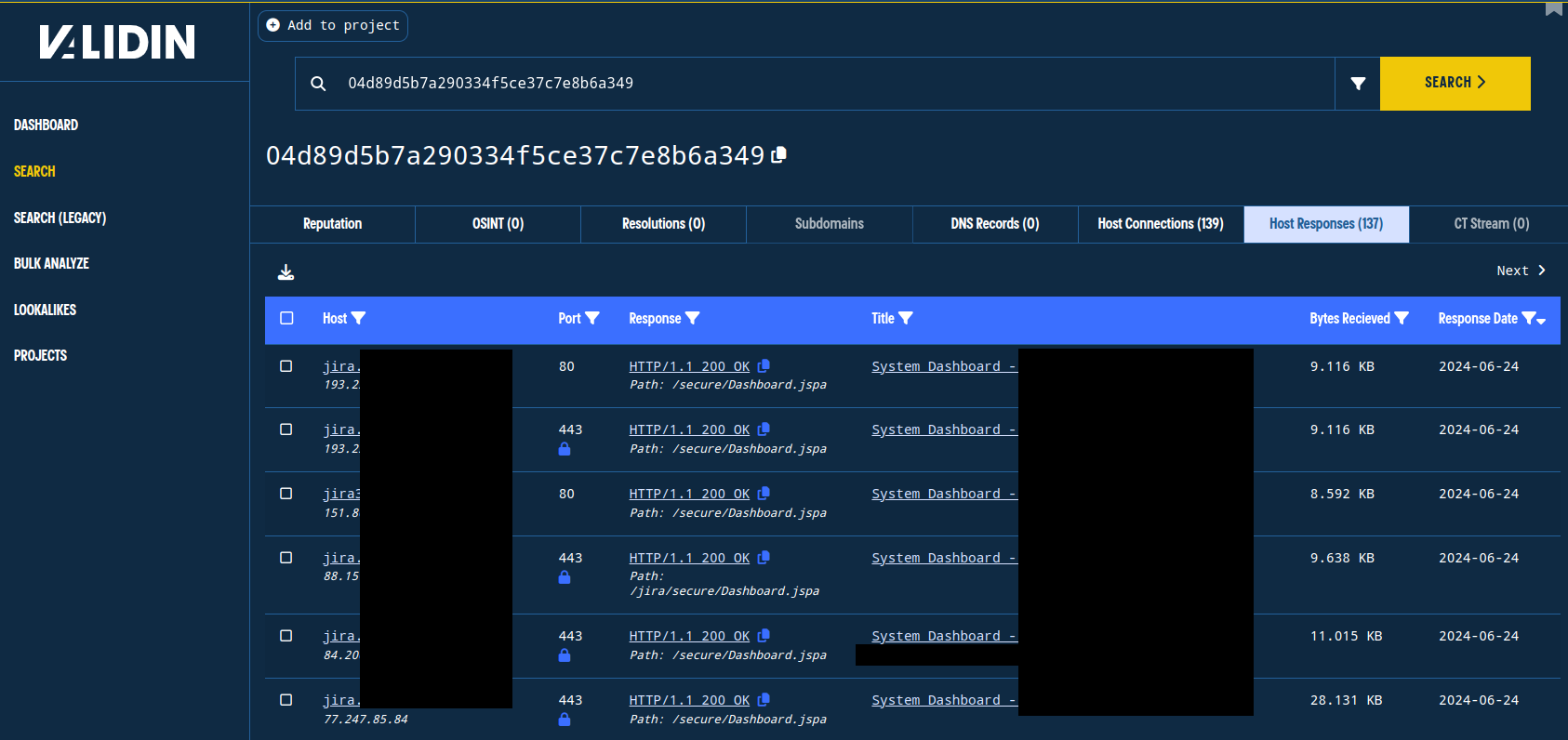 Finding dozens of public endpoints that return the well-known favicon hash for Atlassian Jira Bug Tracker. Finding dozens of public endpoints that return the well-known favicon hash for Atlassian Jira Bug Tracker.