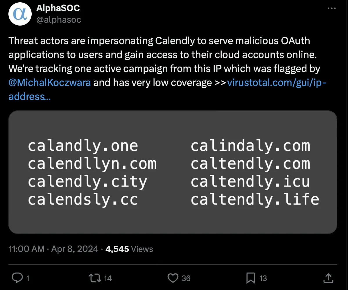 Original Tweet describing Calendly Phishing Campaign