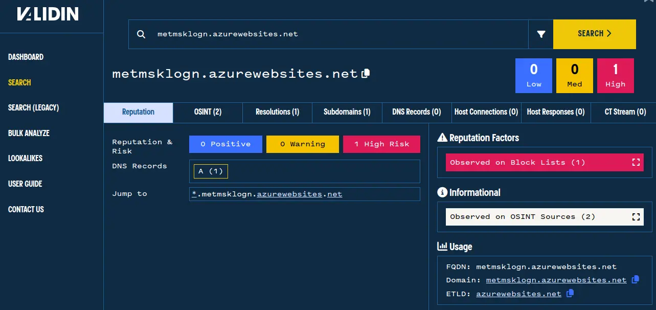 Validin’s reputation view shows that this website is tracked on a phishing aggregation list. Validin’s reputation view shows that this website is tracked on a phishing aggregation list.