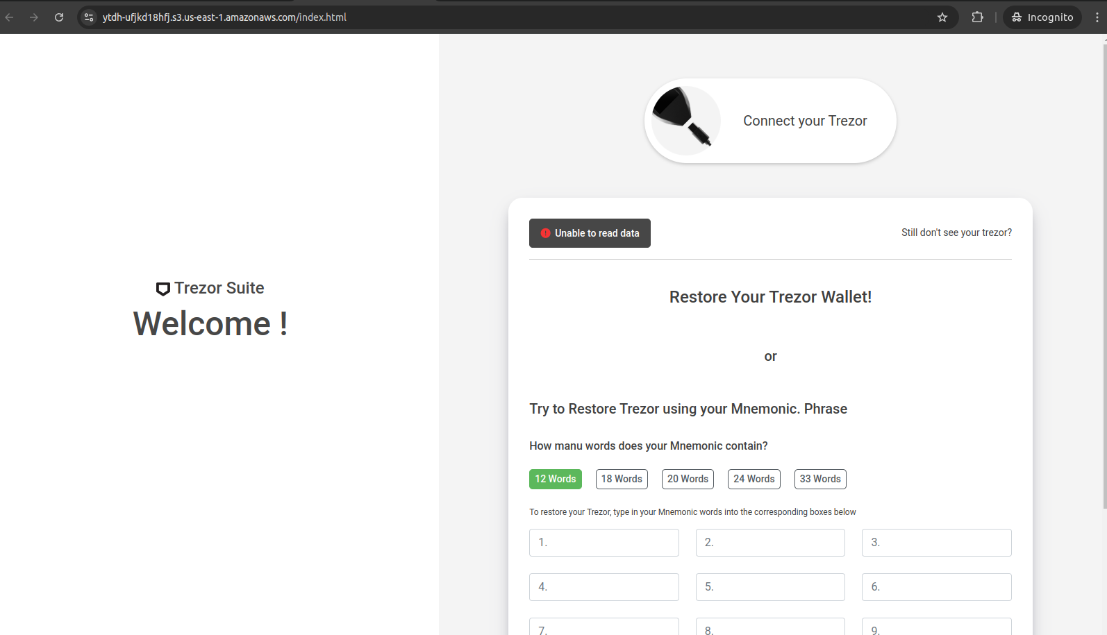A typical FreeDrain phishing page served from an S3 bucket, delivering only static content A typical FreeDrain phishing page served from an S3 bucket, delivering only static content
