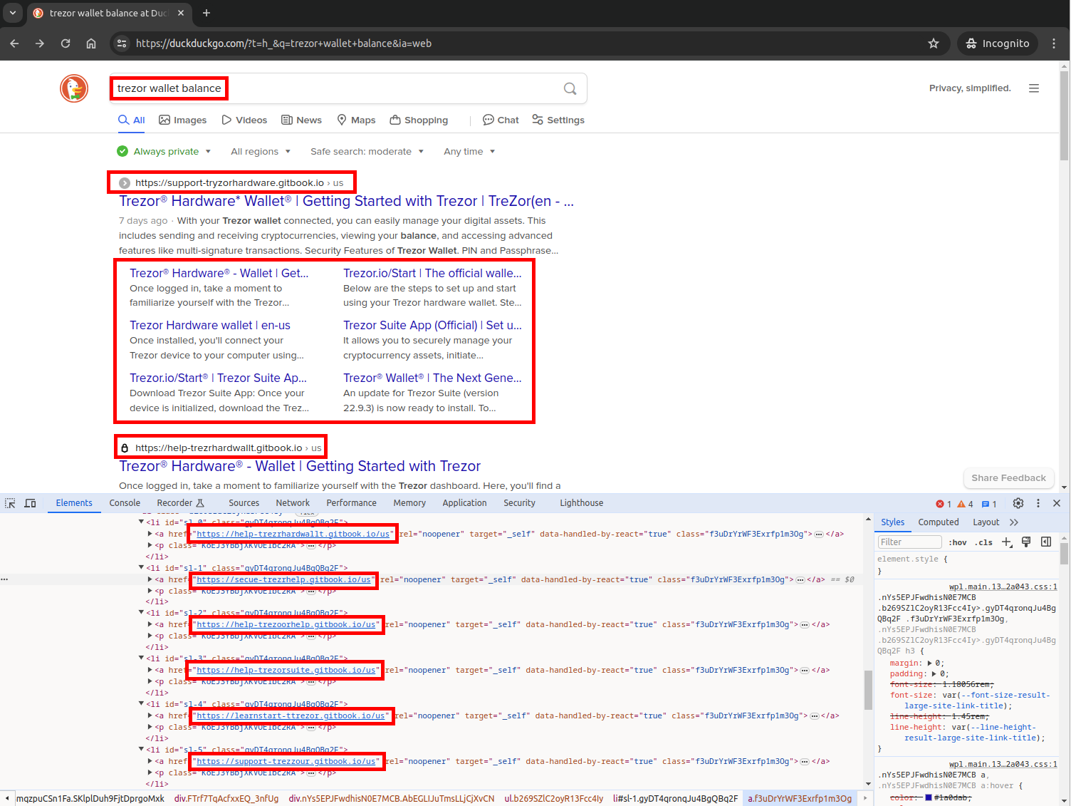 Trezor Wallet Balance malicious result in DuckDuckGo Trezor Wallet Balance malicious result in DuckDuckGo