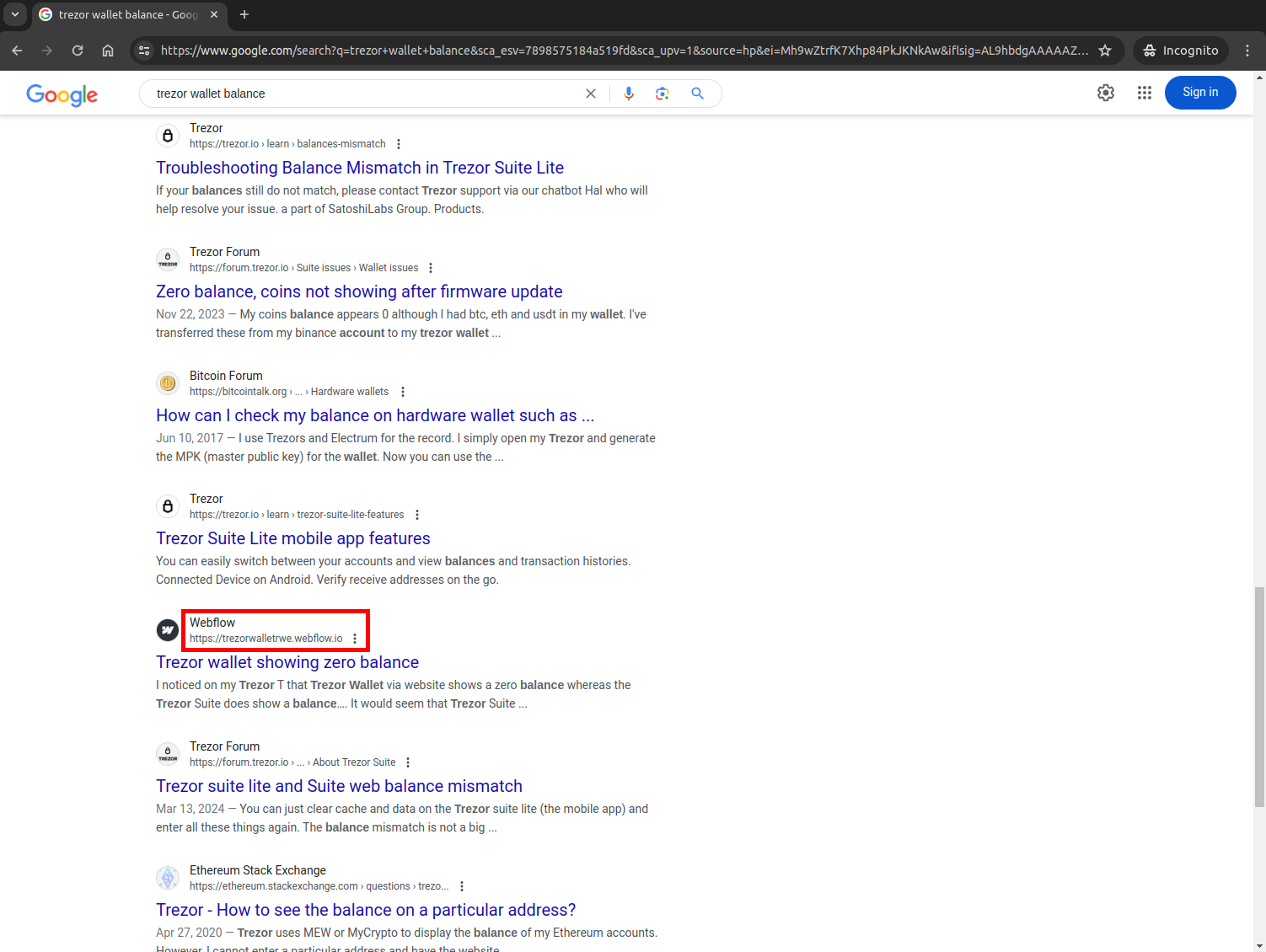 Trezor Wallet Balance malicious result in Top Google Search result Trezor Wallet Balance malicious result in Top Google Search result