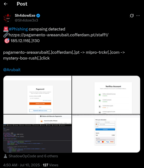 Figure 4. Fishing campaign reported on X by user Sh4dow3x3. Figure 4. Fishing campaign reported on X by user Sh4dow3x3.