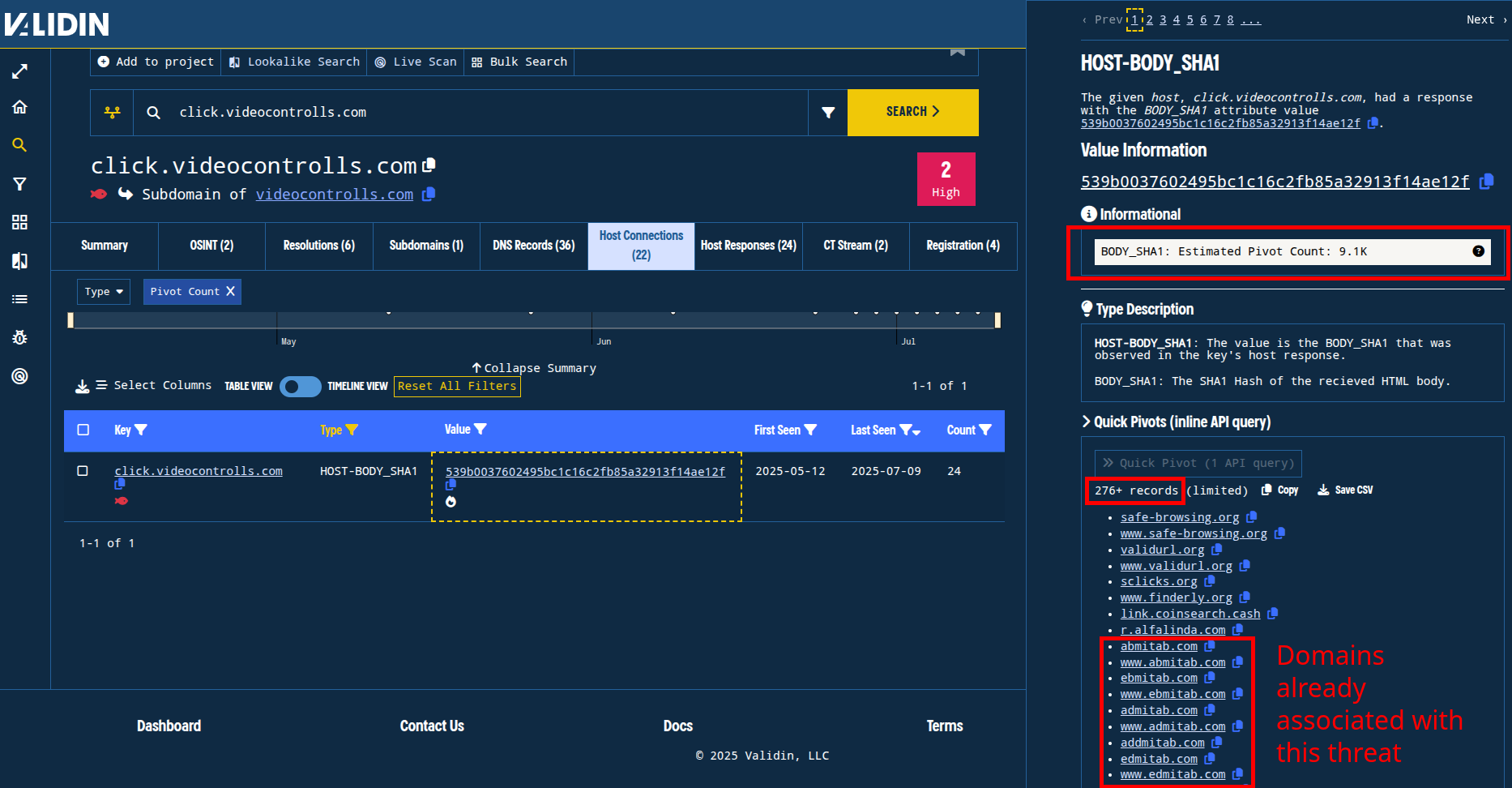 Figure 7. Quickly pivoting on HTTP body hash finds related domain names. Figure 7. Quickly pivoting on HTTP body hash finds related domain names.