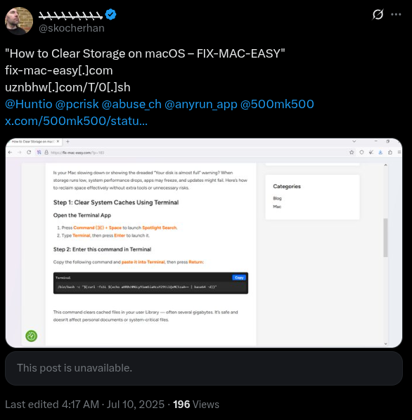 Figure 1. ClickFix campaign reported on X on July 10. Figure 1. ClickFix campaign reported on X on July 10.