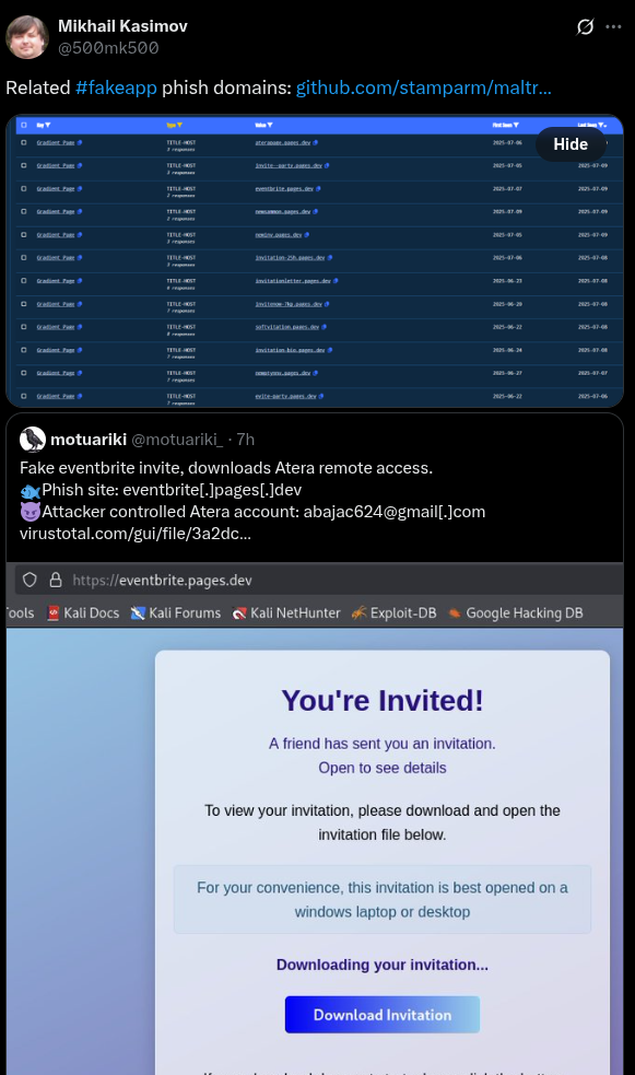Figure 9. X post showing a fake eventbrite invitation that prompts a download of the Altera remote access tool. Figure 9. X post showing a fake eventbrite invitation that prompts a download of the Altera remote access tool.