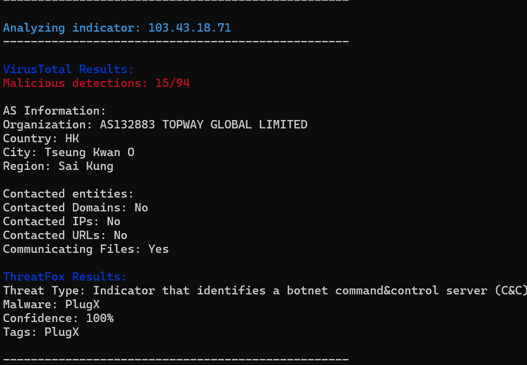 Figure. Checking indicators against VirusTotal and ThreatFox.