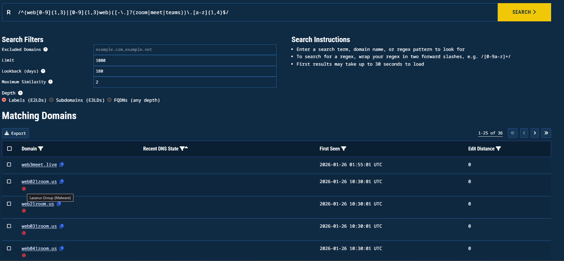 Figure 32. Lookalike domain search results for the second regular expression. Source: https://app.validin.com/lookalikes?limit=1000&amp;lookback=180&amp;similarity=2&amp;depth=2&amp;find=%2F%28web%5B0-9%5D%7B1%2C3%7D%7C%5B0-9%5D%7B1%2C3%7Dweb%29%28%5B-%5C.%5D%3F%28zoom%7Cmeet%7Cteams%29%29%5C.%5Ba-z%5D%2B%2F