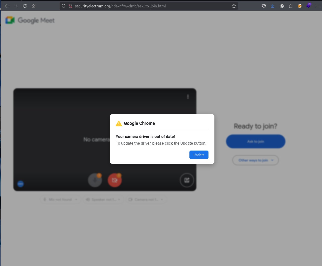 Figure 29. Alternative lure showing a fake prompt to update camera drivers. Source: https://x.com/DaveLikesMalwre/status/1997811267382493222