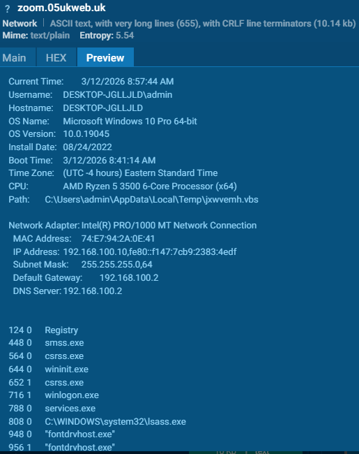 Figure 10. Summary of information sent towards the C2 from the VBS payload. Source: https://app.any.run/tasks/964b28d7-48e3-4e4d-bac4-27c388b2600c