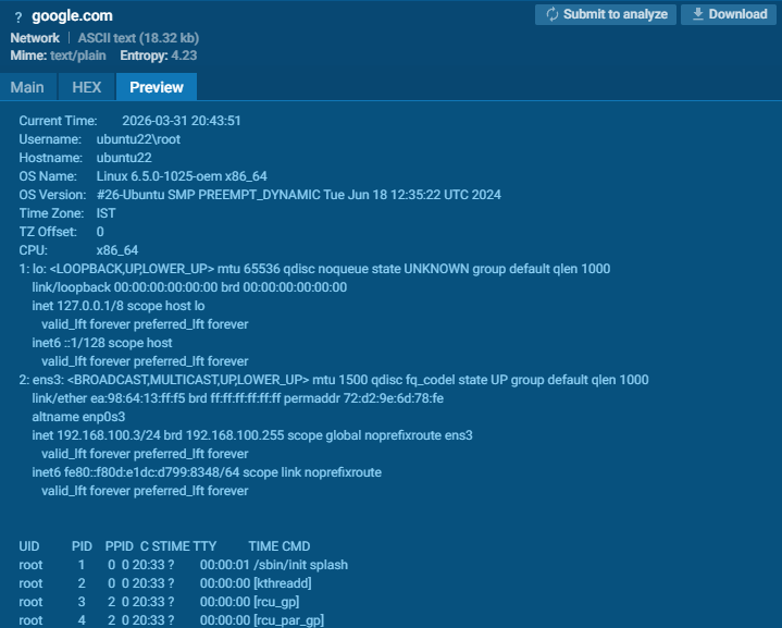 Figure 25. Information being sent via POST request to the C2. As part of testing, the argument google[.]com was provided, so the information were sent to google[.]com. Source: https://app.any.run/tasks/e85173d7-f5f3-466c-ac38-af9167f4ebf6
