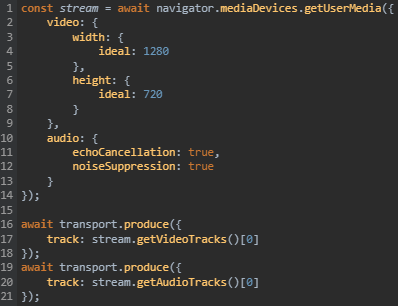 Figure 3. JavaScript code snippet from a fake meeting page that initiates browser access requests for microphone and camera.