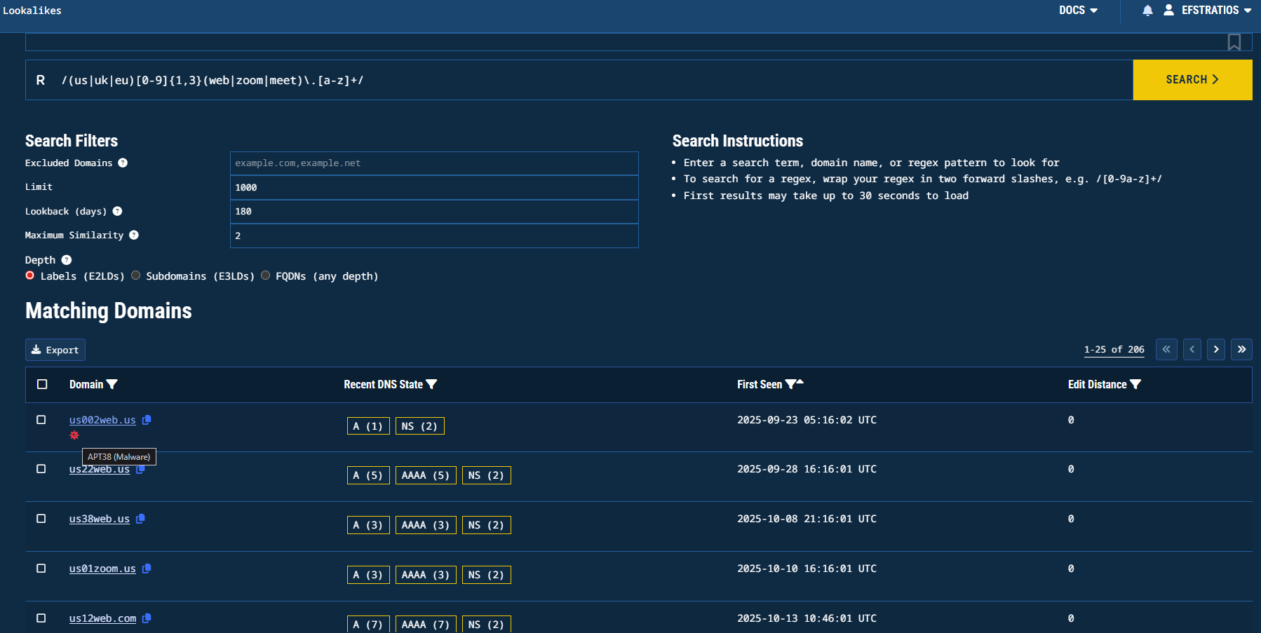 Figure 31. Lookalike domain search results for the first regular expression. Source: https://app.validin.com/lookalikes?lookback=180&amp;similarity=2&amp;depth=2&amp;find=%2F%28us%7Cuk%7Ceu%29%5B0-9%5D%7B1%2C3%7D%28web%7Czoom%7Cmeet%29%5C.%5Ba-z%5D%2B%2F